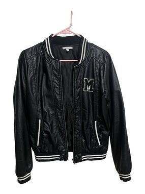 Charlotte Russe Black Faux Leather Varsity Jacket with White Stripes